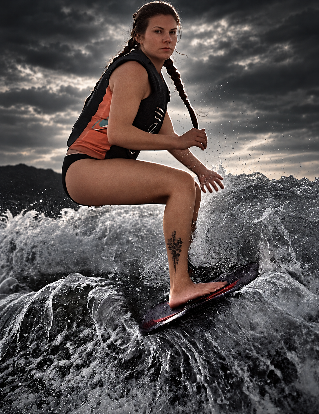 Emma wakesurfing, in the EMMORE campaign’s charcoal color grade