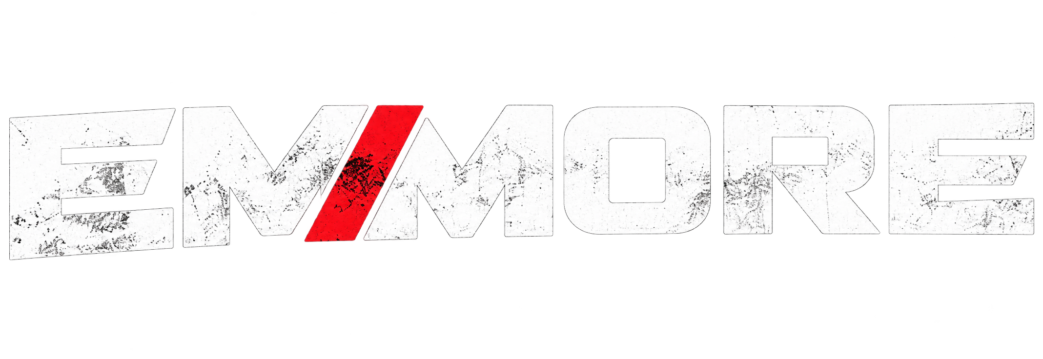 EMMORE distressed wordmark with red slash